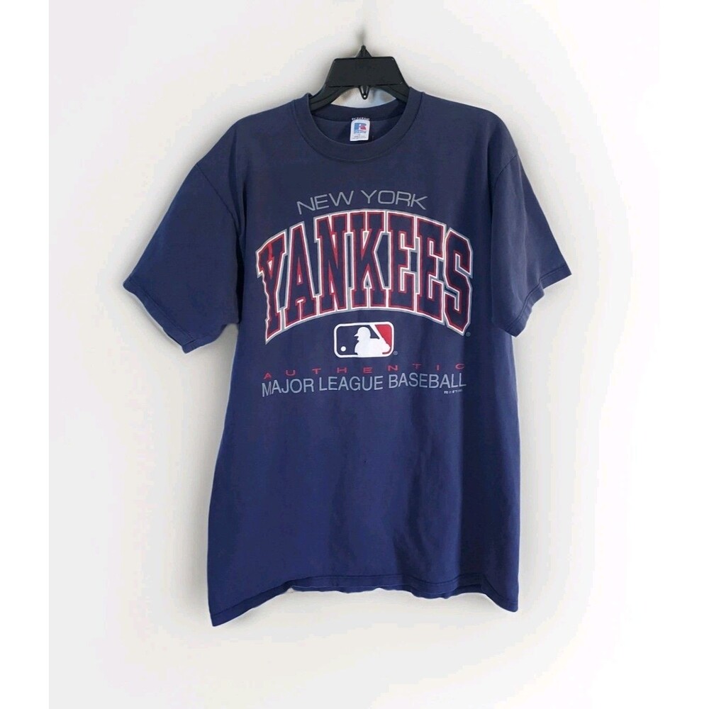 Vintage 1995 New York Yankees Blue T-Shirt by Russell Athletic - Mens XL